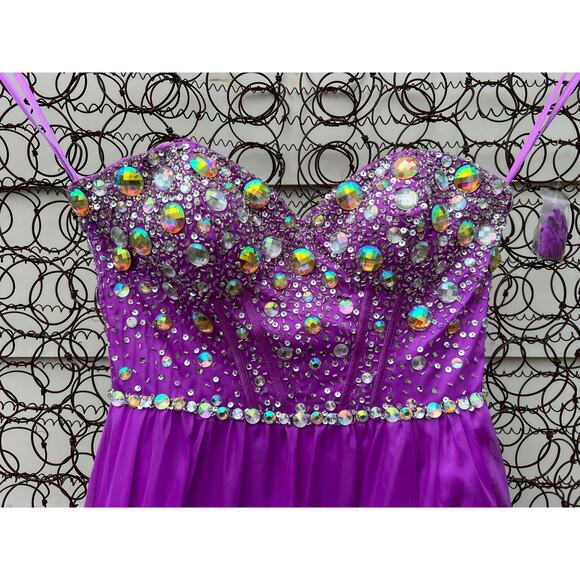 FLIRT MAGGIE SOTERRO Hot Violet Sweetheart Neckline Bling Slit Leg Chiffon P5830 - Picture 4 of 10